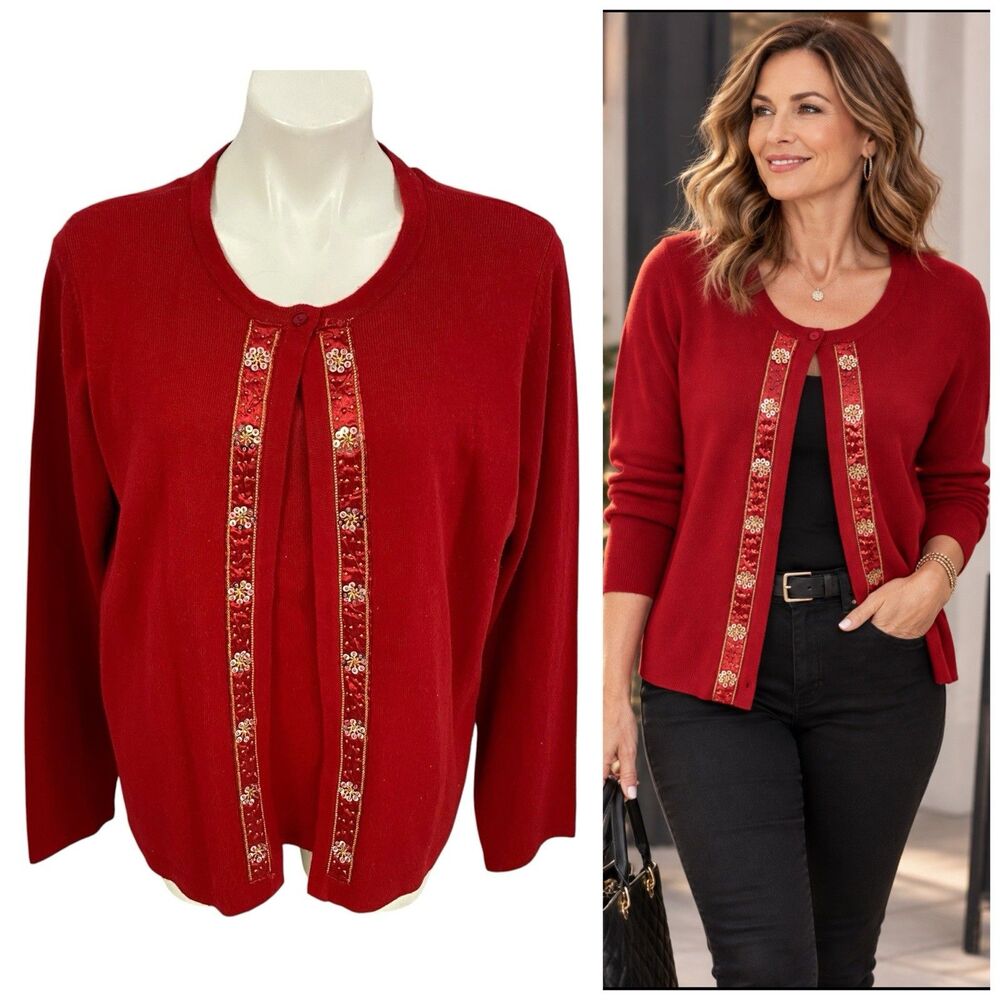 Sag Harbor Sweater Womens L Red Twofer Beaded Sequin Cardigan Twinset Holiday